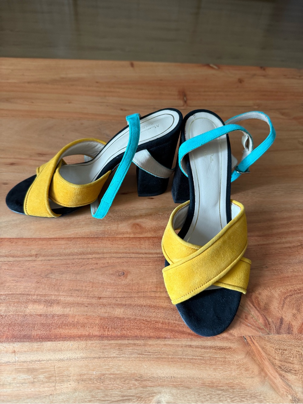 Massimo Dutti Yellow Suede Cross-Band Slingback Sandals with Teal Ankle Strap